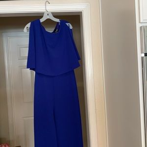 Connected gorgeous blue wide leg jumpsuit with attractive cape bodice size 10